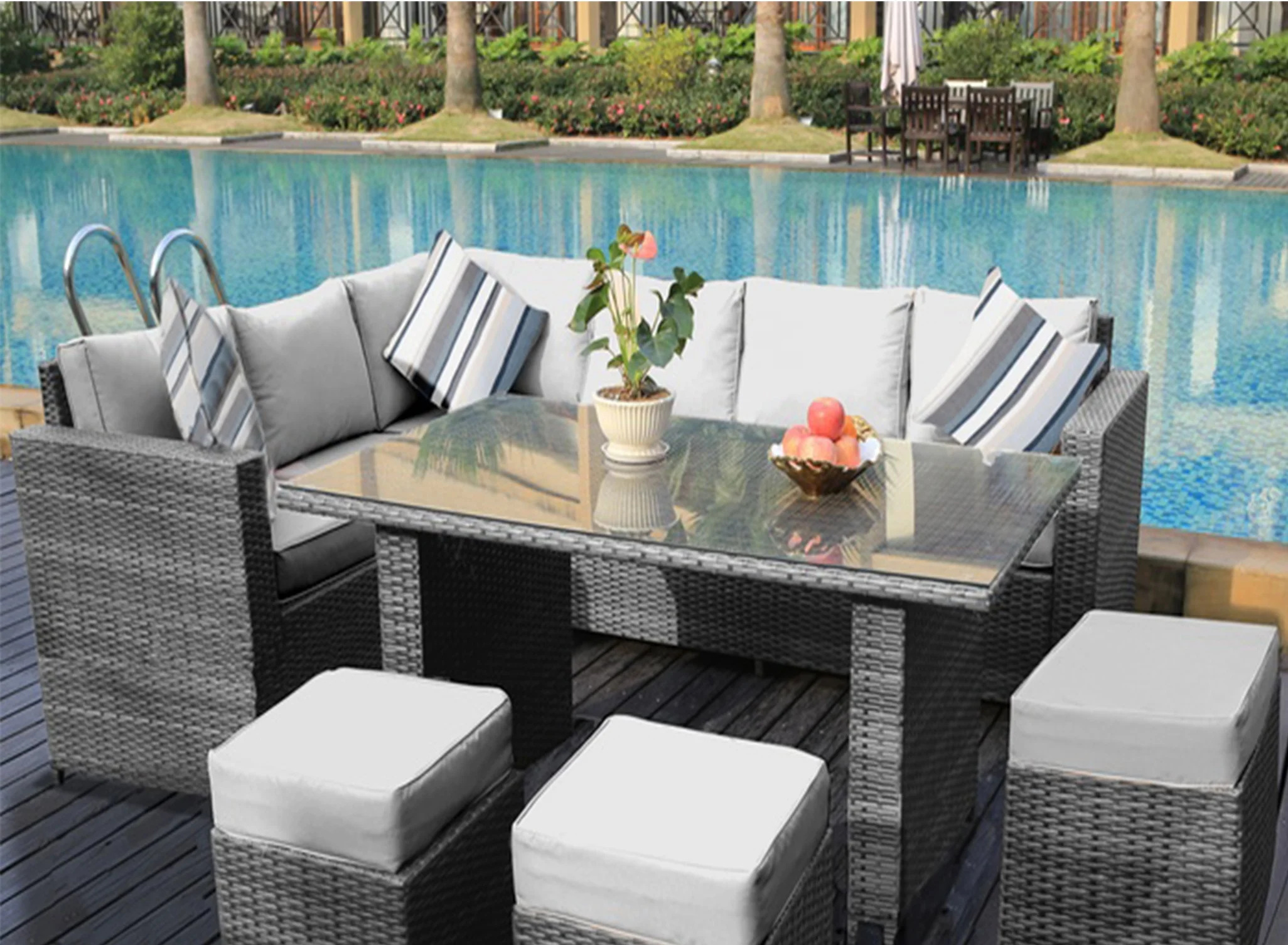Rattan Outdoor Furniture Garden Set Corner Sofa with Rattan Dining Table