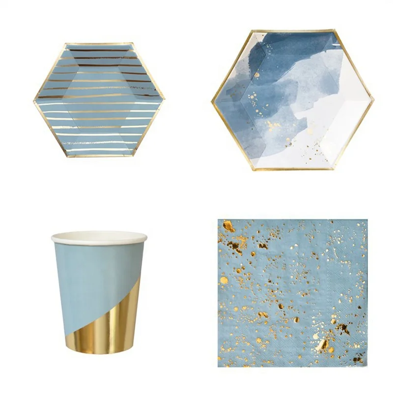 Напечатанные на заказ бумажные тарелки для вечеринок, набор посуды, тарелки из золотой фольги