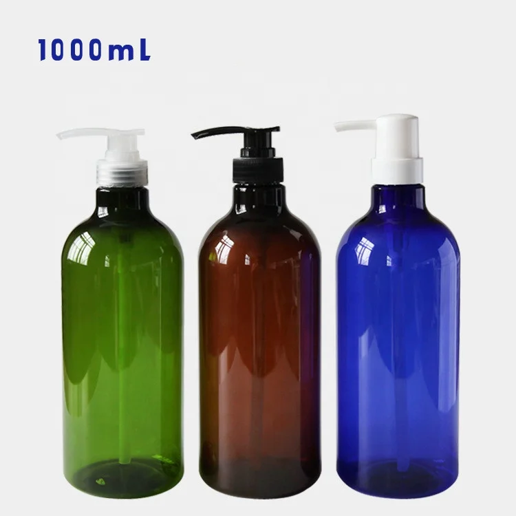 
250ml 500ml 1000ml green blue amber clear PET plastic shampoo boston bottle with white clear black pump shampoo liquid dispenser 