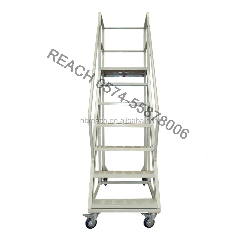 Warehouse Steel Safety Rolling Mobile Platform Ladder with Handrails