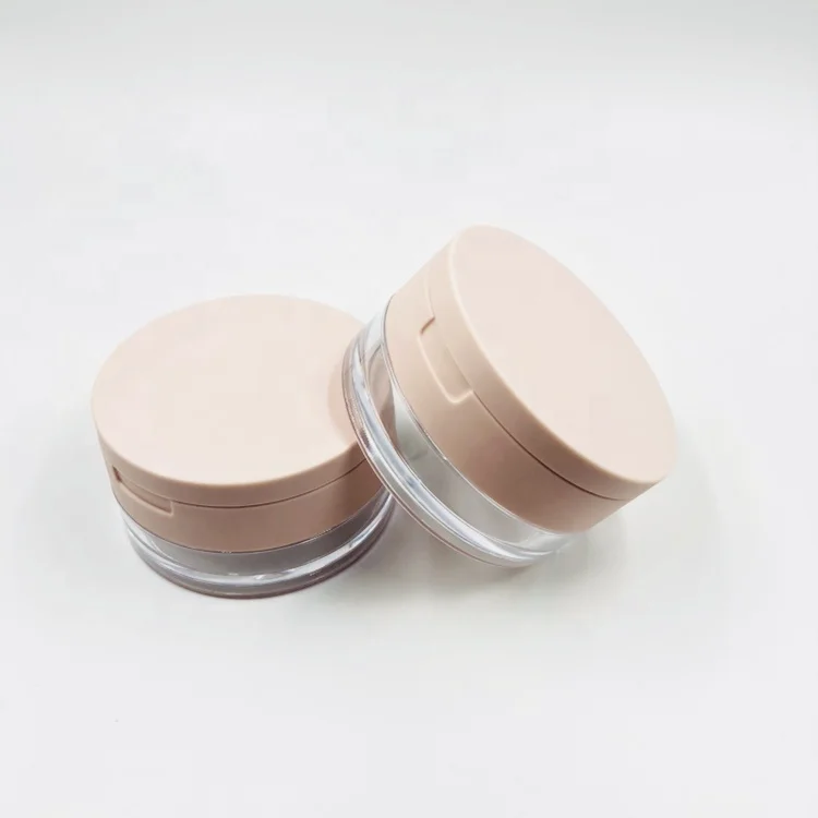 Popular 15g pink round plastic loose powder jar container with mirror and sifter / portable flip cosmetic packaging