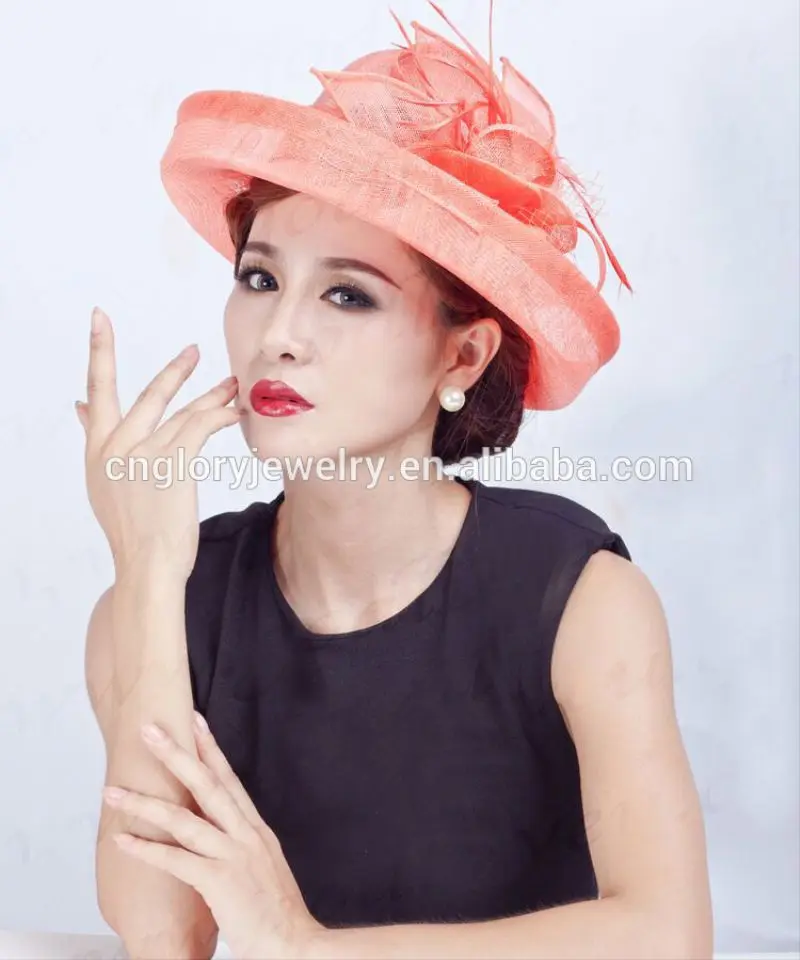 Ivory,blue and orange colors,royal church fascinator hats,sinamay and feather material