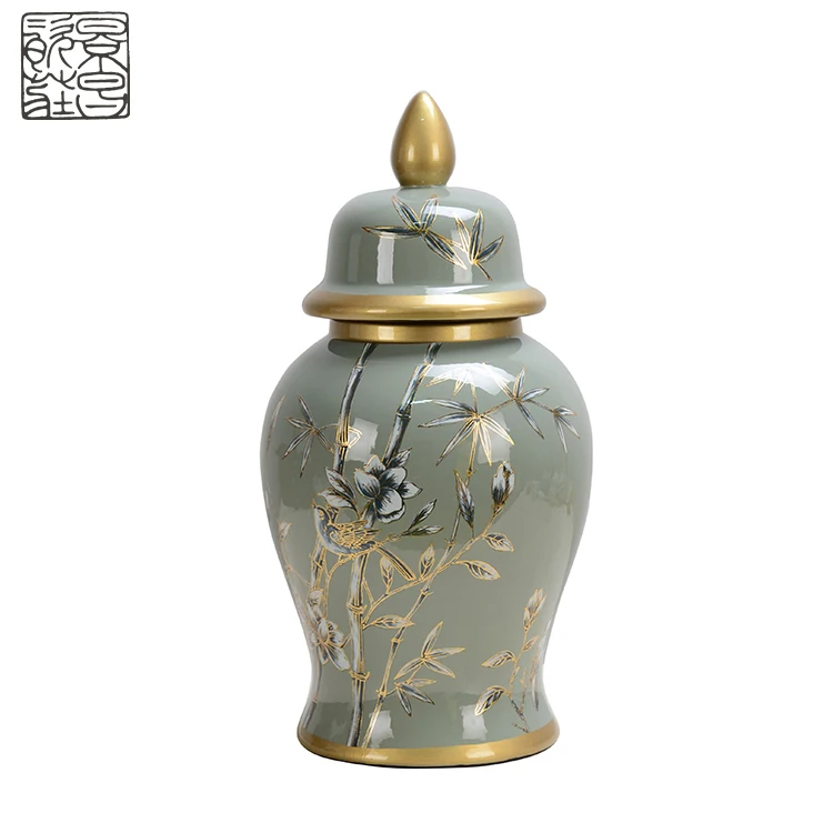 wholesale antique style green porcelain ginger jar chinese painting ceramic temple jar