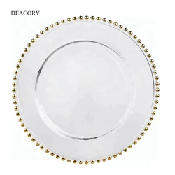 DEACORY wholesale 13 inch round glass gold beaded charger plate silver beaded charger plates for wedding party