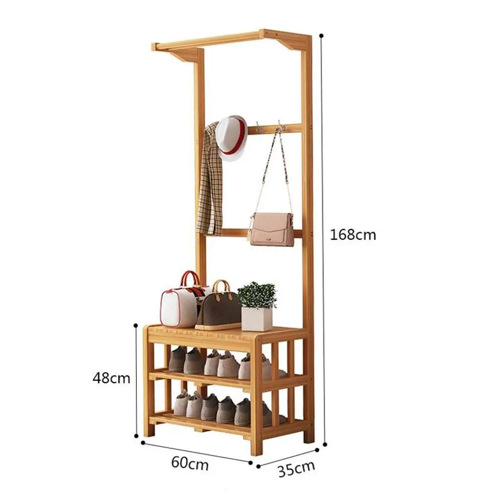 Bamboo Garment Rack Coat Clothes Hanging Rail with 3 Tiers Hat Rack Laundry Storage Shelves
