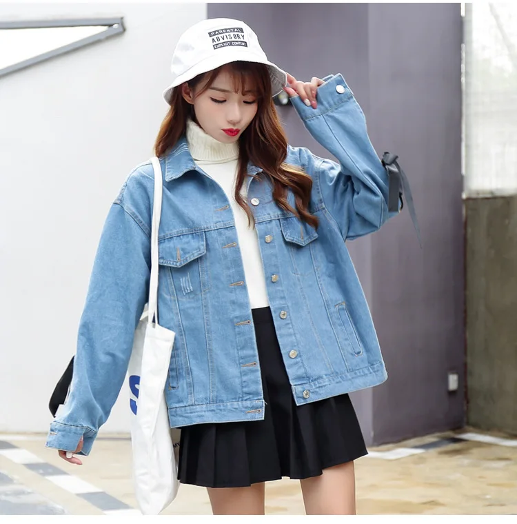 2018 Korean Straps Hole Jeans Jacket for Women Loose Casual Blue Denim Jacket Women Basic Coats Female outwear Denim Feminine
