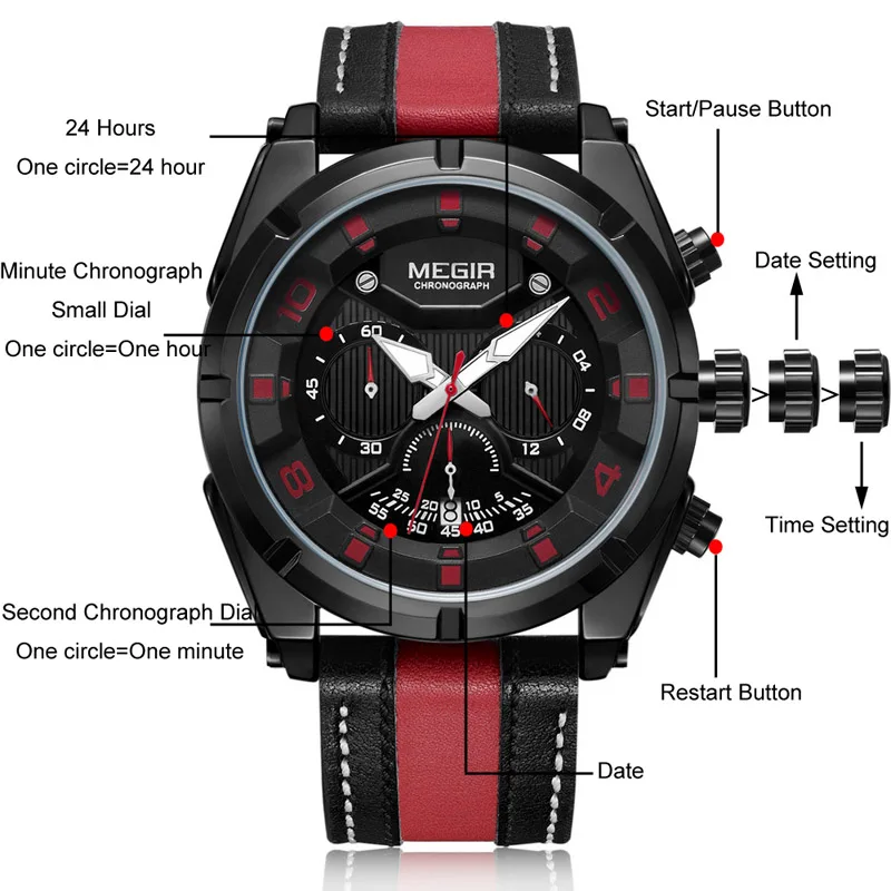 WJ-7513 MEGIR мужские водонепроницаемые деловые Ретро Стрелки с одним Календарем Наручные часы индивидуальные модные большим циферблатом