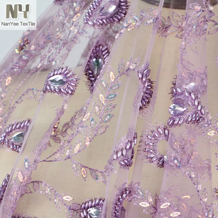 Nanyee Textile Sequin Beads Hand Embroidery On Net Fabric