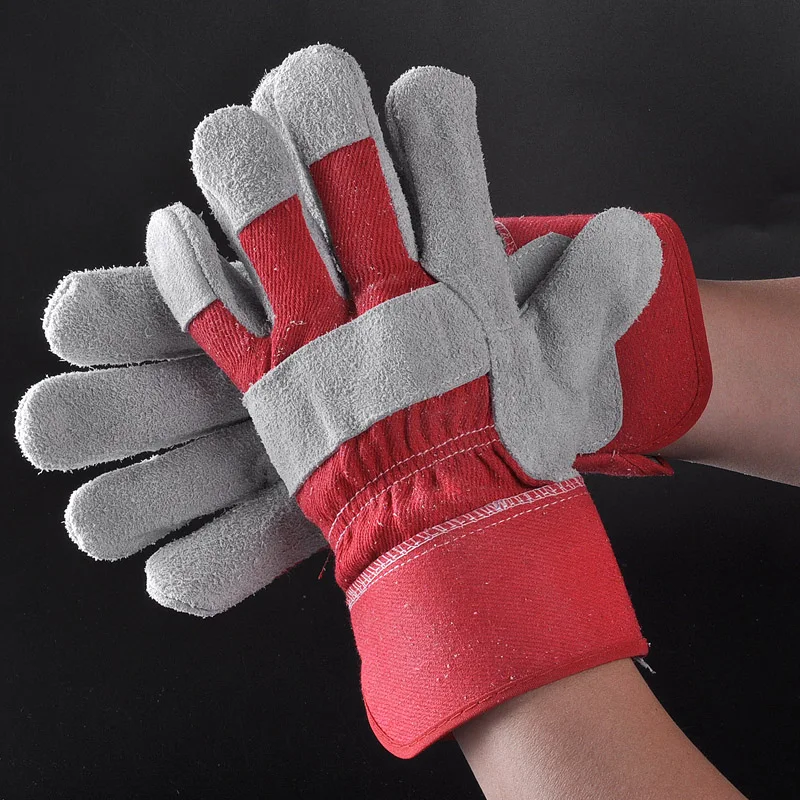 Red Double Palm Split Cow Leather Work Gloves With CE Certificate For Mechanic