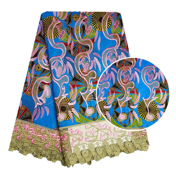 Queency 100% Cotton African Wax Print Fabric With embroidered fabrics guipure lace in blue
