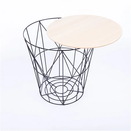 
modern metal iron wire coffee table round side table with MDF wood cover 