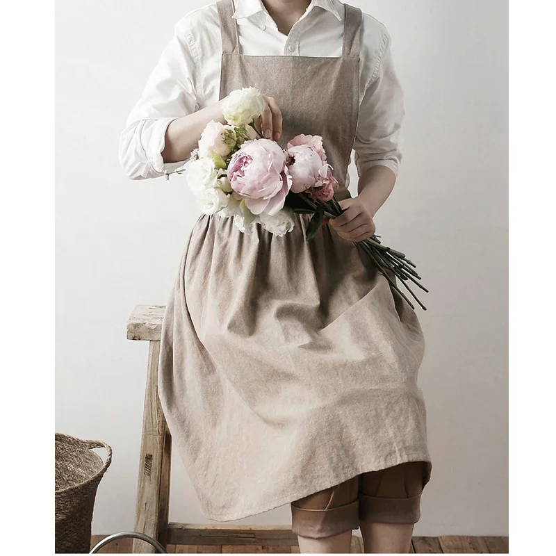 Promotional custom logo cotton and linen dressy apron with ruffle for women