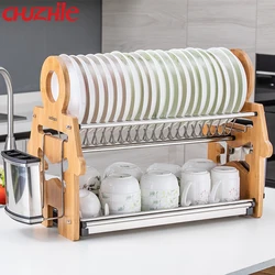 Simple 2 tier collapsible bamboo dish drying rack for kitchen drainer dish l3 Chuzhile