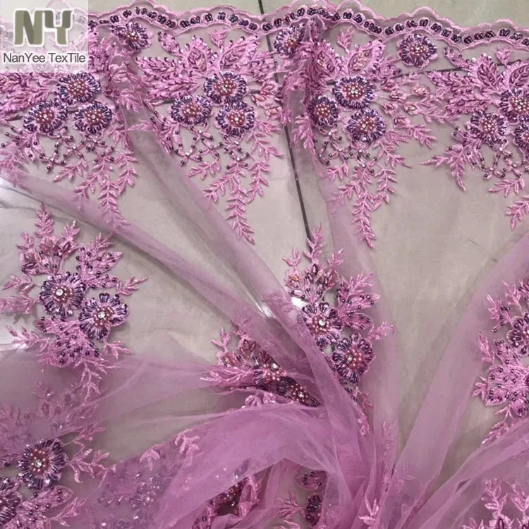Nanyee Textile Stock Retail Hand Made Beads Sequin Embroidery Fabric For Wedding Bridal