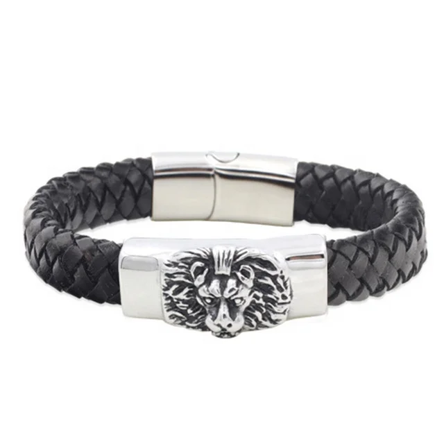 316l stainless steel lion head leather bracelet wholesale