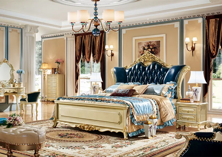 European style Bed Velvet Tufted Headboard Wooden Classic King Bed