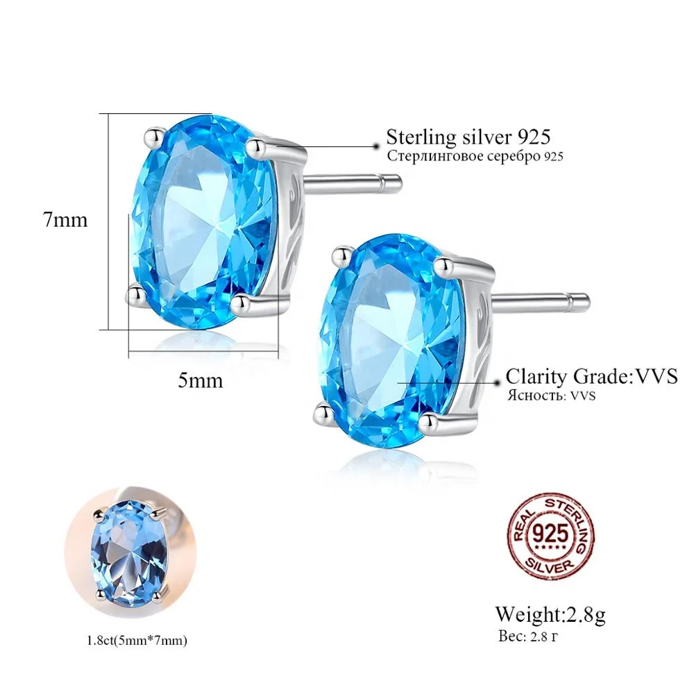 CZCITY Real 925 Sterling Silver Sky Blue Color Topaz Earrings Oval Shape Studs for Ladies Elegant Gemstone Jewelry