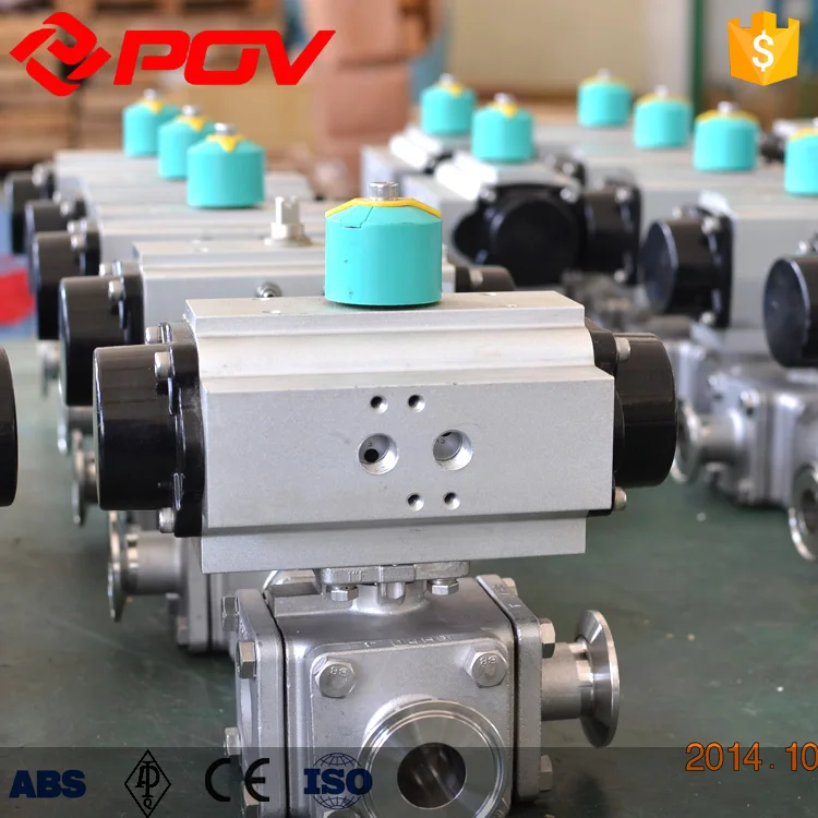 304 фланца PTFE пневматический 3 ходовой шаровой кран