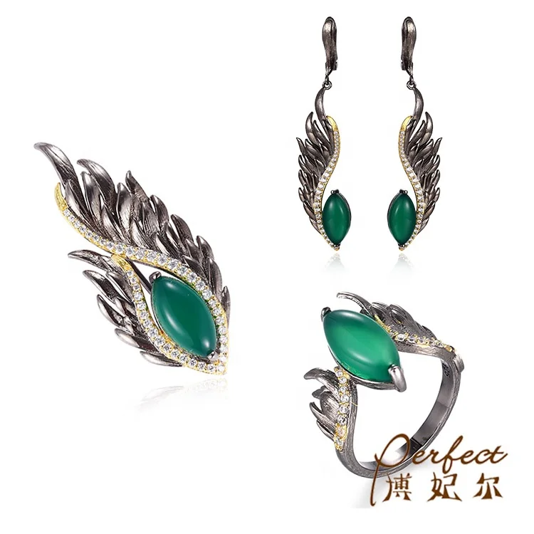 Vintage Green Agate Jewelry Set Eye Shape With Fire Jewelry Sets Wholesale