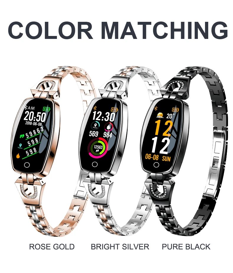 0.96 color screen H8 smart bracelet with heart rate blood pressure H8 wristband with call reminder weather forecast for women