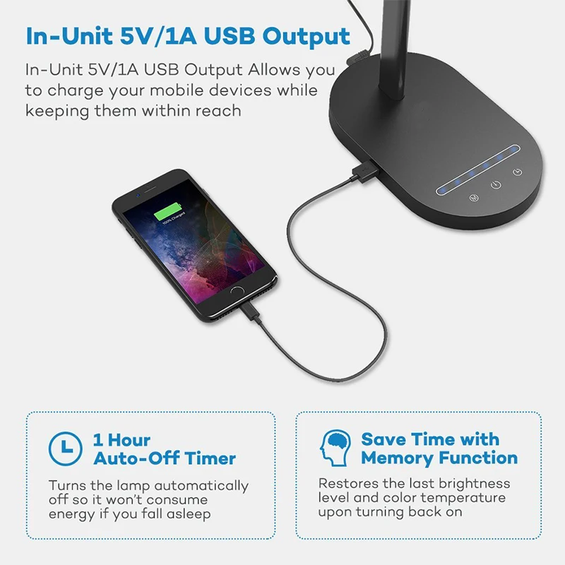 Biumart Metal Design Table Lamp USB/Wireless Charging Adjustable 6 Brightness Levels Memory Function Premium Desk Lamp For Study