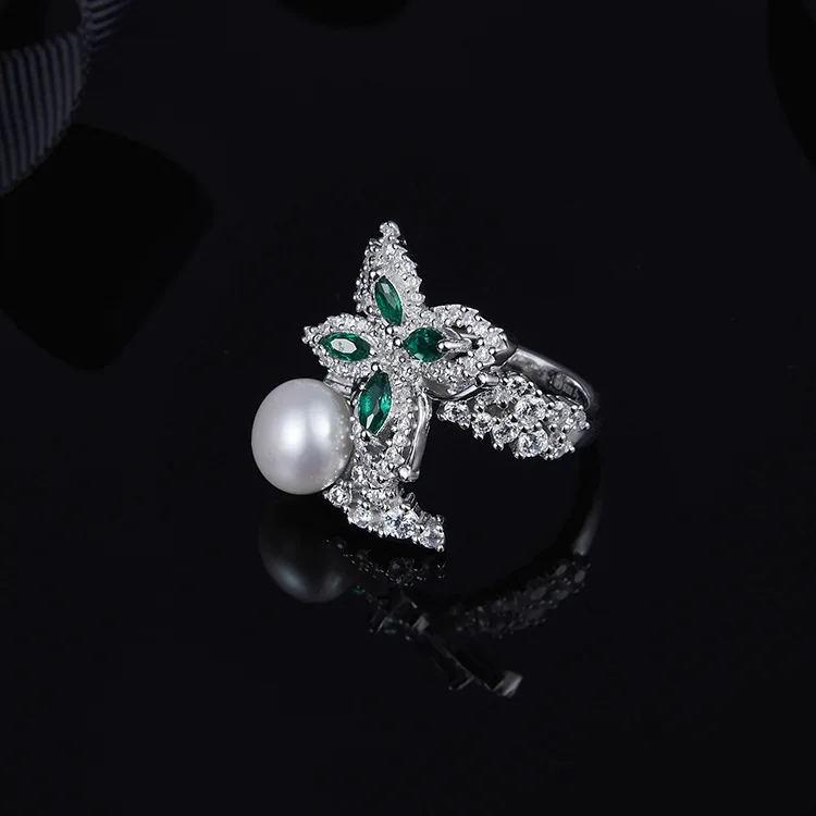 
Fashion 925 Sterling Silver Platinum Plated AAA Cubic Zirconia Butterfly Design Marquise Cut Created Emerald Shell Pearl Ring 