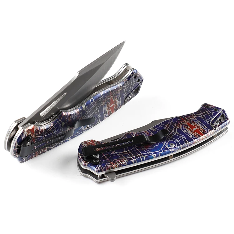 
440C stainless steel folding pocket knife camping knife with 3D printing pattern handle 