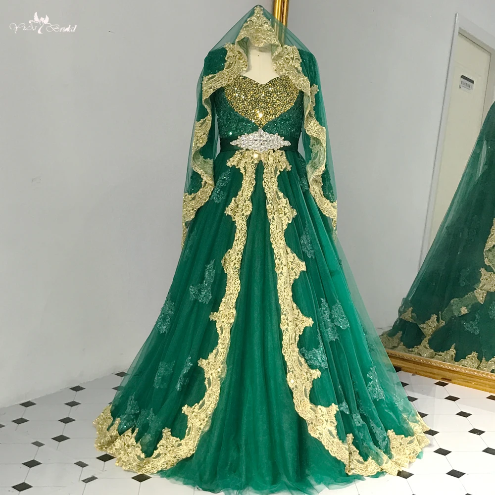RSE890 Queen Anne Neckline Indian Bridal Dresses Color Green Long Sleeves Arabic Wedding Dress