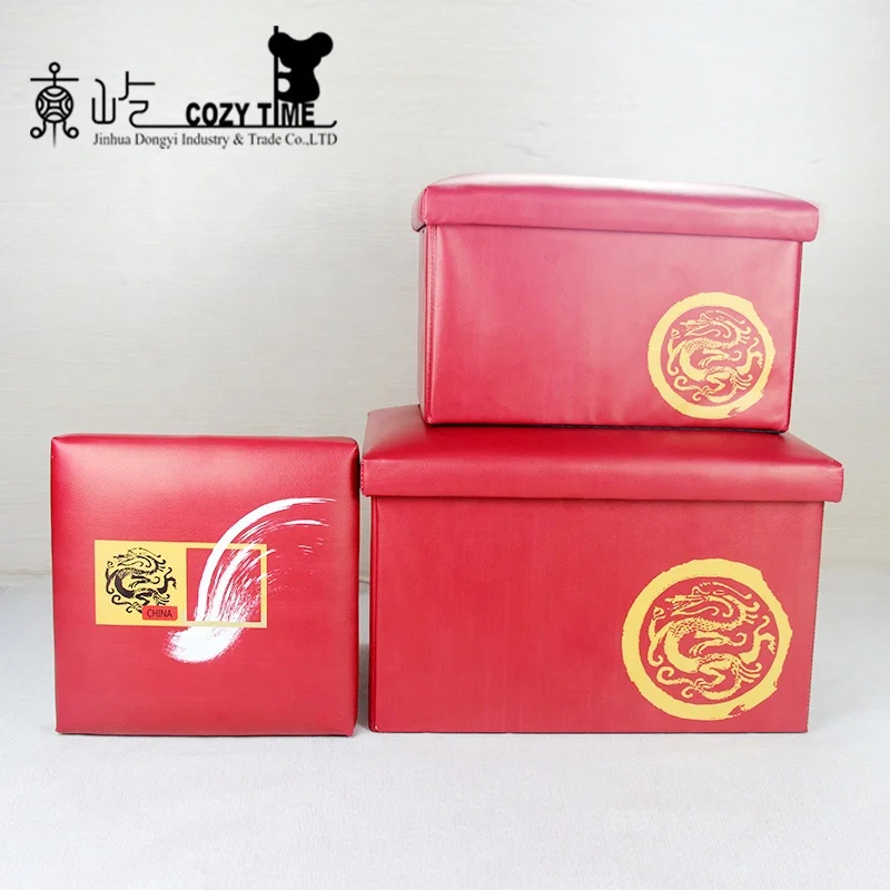 Large Capacity Chinese Style Red Collapsible Leather Pouf And Ottoman