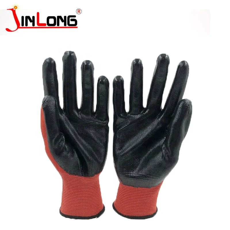 Heavy Duty Smooth Work Gloves Nitrile Coated Red Black Firm Grip Nitrile Coated Gloves