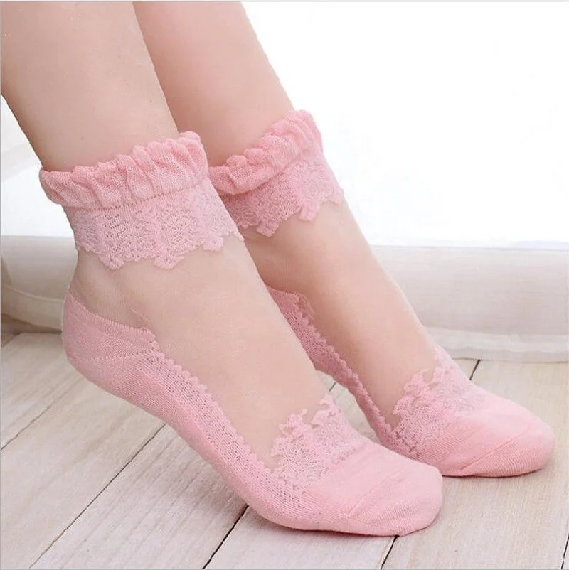 New Women Cute socks Ultrathin Transparent Beautiful Crystal Silk Lace Elastic Ankle Sock Women Girls Summer Short Socks