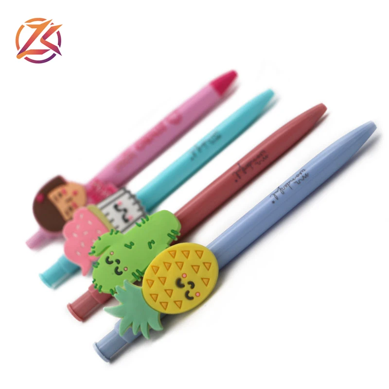kawaii cartoon character rubber clip ball pen with custom logo on the barrel