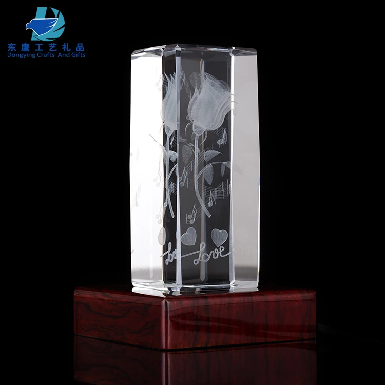 Pujiang Manufacture 3D Laser Rose Crystal Cube Wedding Gift For Souvenir