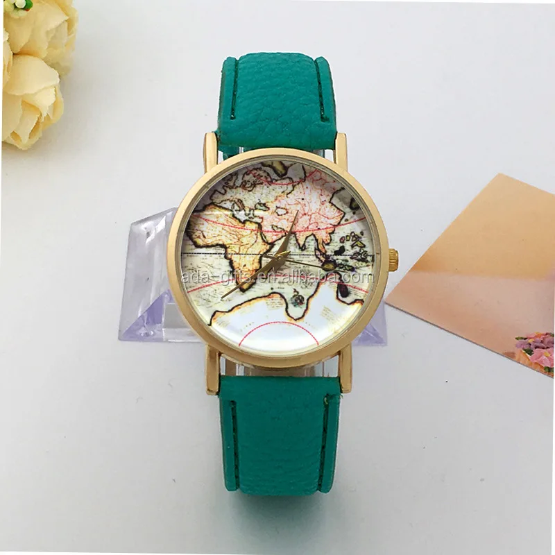 Fashion world map watch big dial watch pu leather band watches