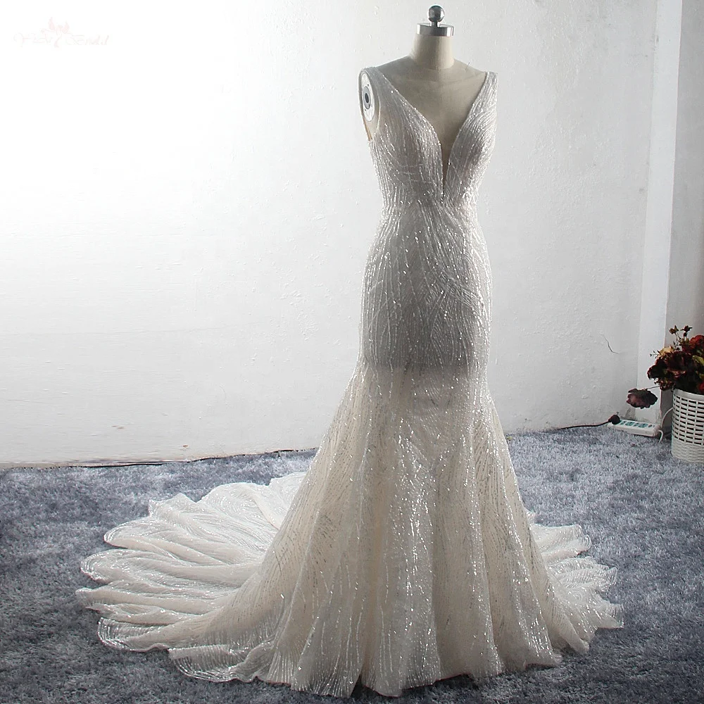 LZ300 Sleeveless Fan Tail Bridal Gown Light Champagne Deep V Neck Blinking Sequin Mermaid Wedding Dress