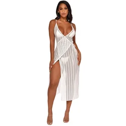 White Sexy Transparent Dress Women V neck Sleeveless Dress Lace Up Midi Dress