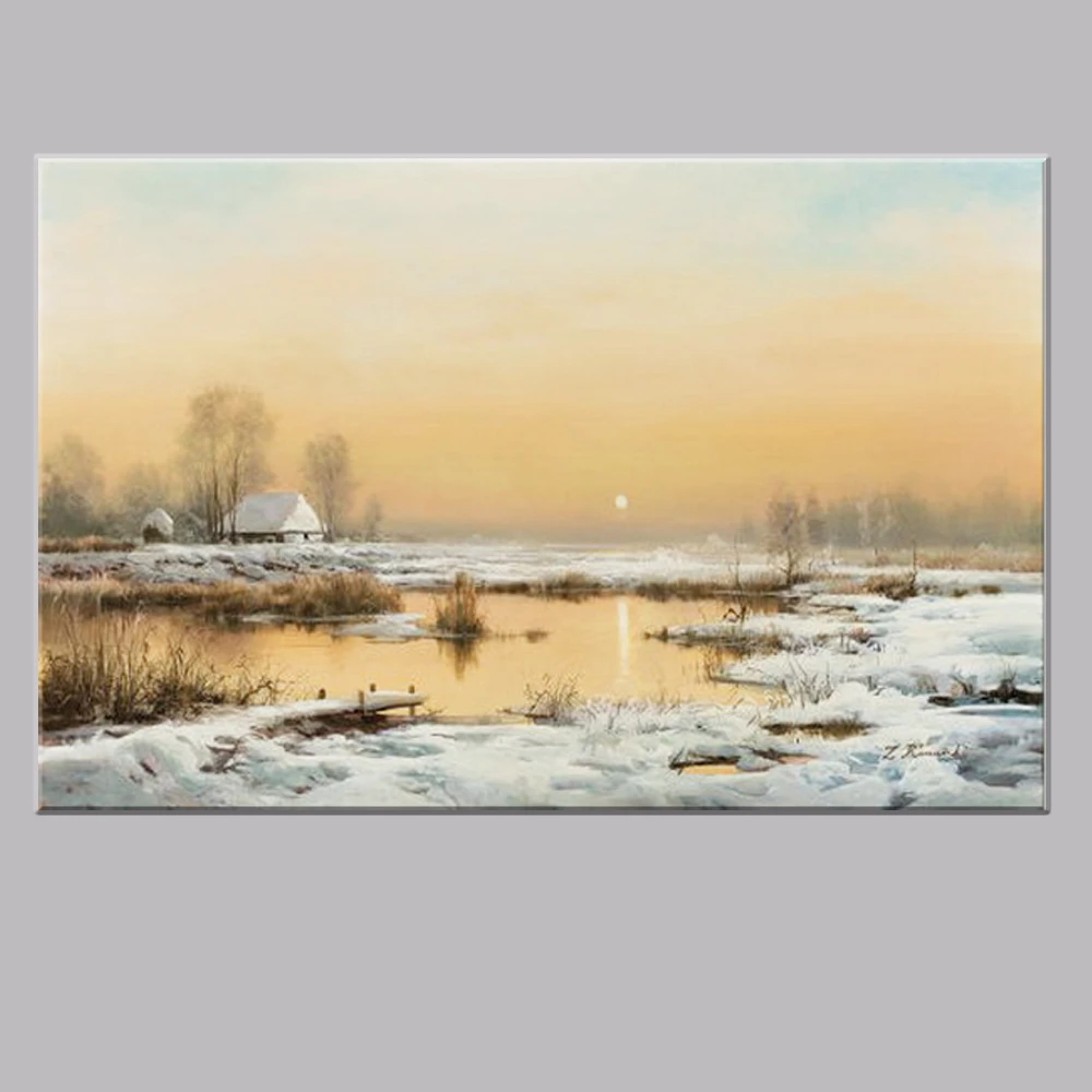 village scenery handmade painting beautiful ice lake oil painting on canvas new design