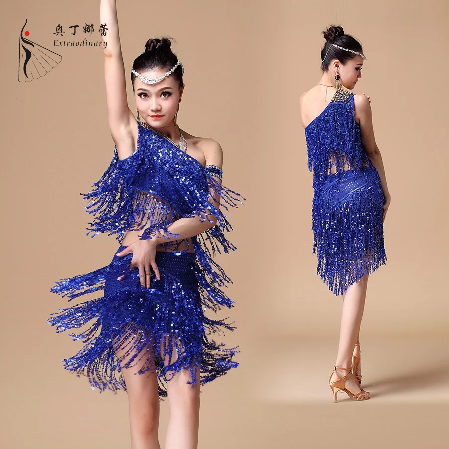 Women 3 Color Ballroom Latin Dance Dress with Sequin Tassel