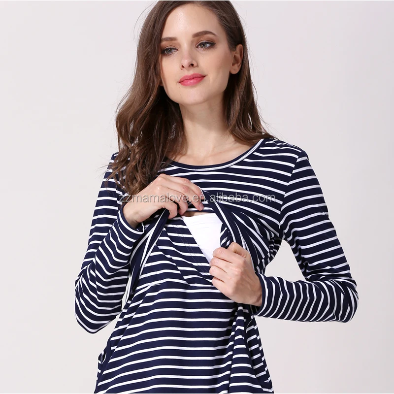 Wholesale Plus Size Emotion Moms Maternity Nursing Jersey Clothes Easy Breastfeeding Stripe Dress for Pregnant