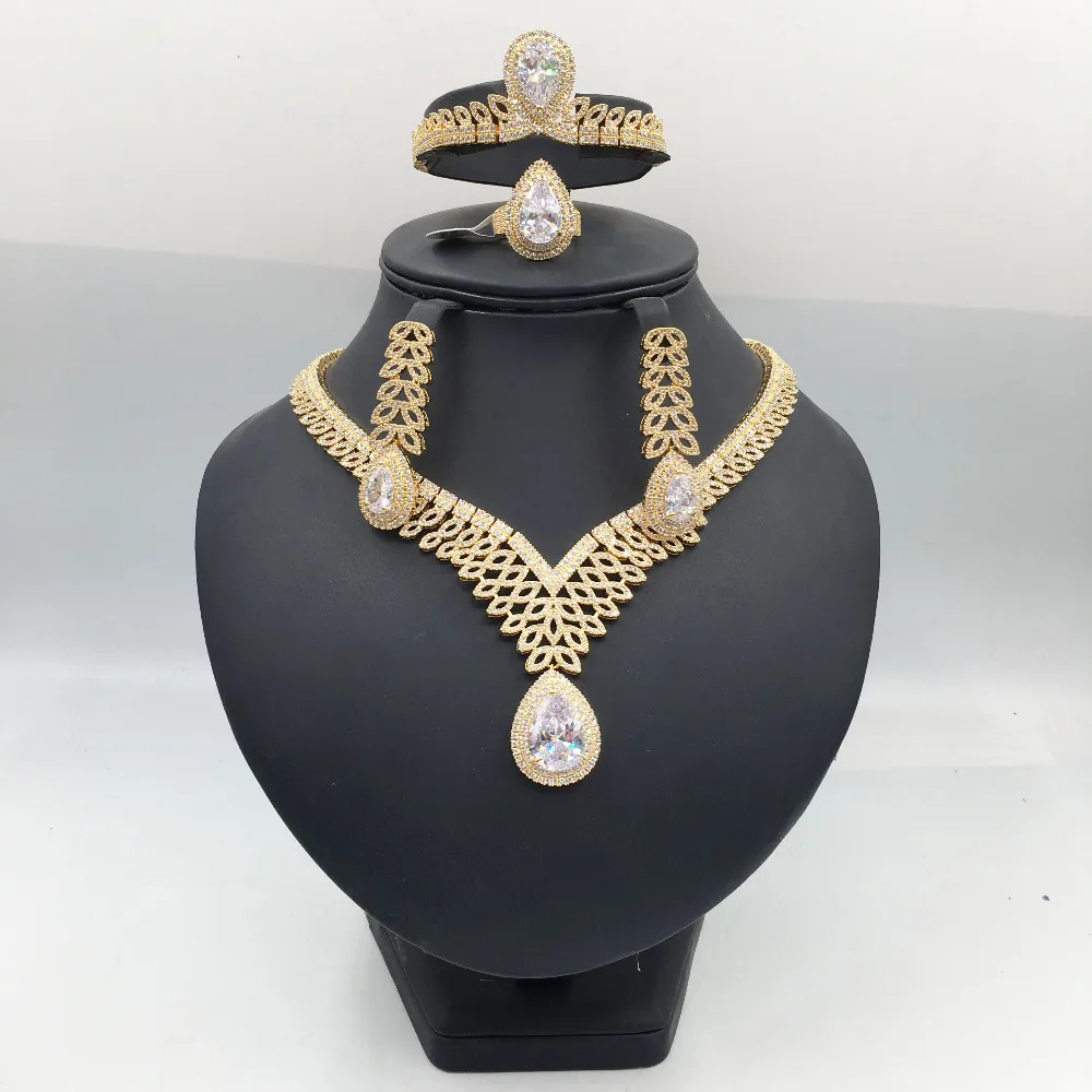 Echsio горячие продажи циркон кристалл ожерелье браслет серьги кольцо золото покрытием женщин ювелирные изделия Set CN216