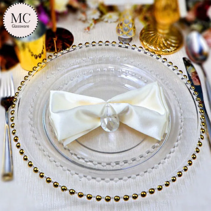 For wedding decorate gold rim glass charger plates gold rim beaded luxury dinnerware sets for decoration on table