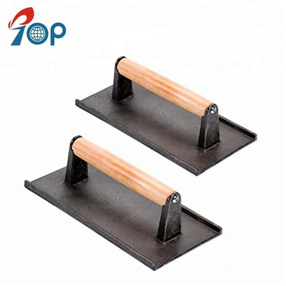 Cast iron steak weight & bacon meat burger grill press with wooden handle
