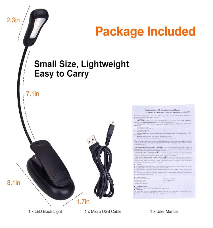 
Clip on Book Lamp 3 Colors x3 Levels Eye Care Reading Up to 60 Hours Rechargeable Book Light for Bookworms 