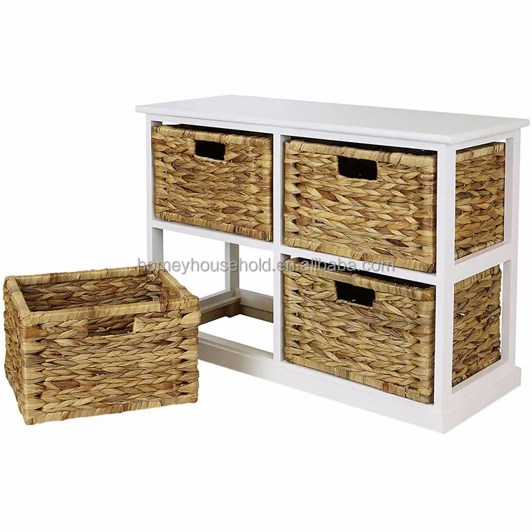 Simple Storage Unit, 4 drawer chest wood shelf cabinet with 4 straw baskets
