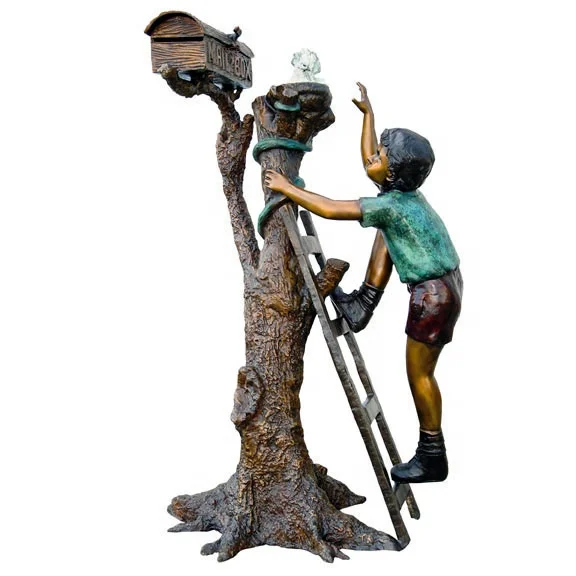 Home Garden Decoration Bronze Figure Sculpture Reading Boy Mailbox Statue Sit On Tree With Dog