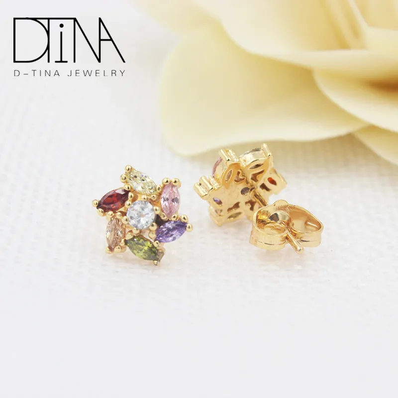 Turkish Gilded 14 K Gold Style Fashion Color Zircon Girl Stud Earrings