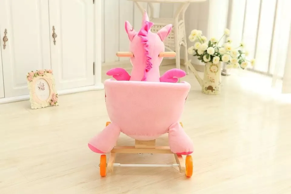 60*35*50cm Adorable ICTI and Sedex audited new design plush rocking pink unicorn animal chair toy with wooden base&music