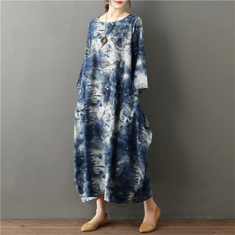
Long Loose Women Print Linen Dresses in Stock 
