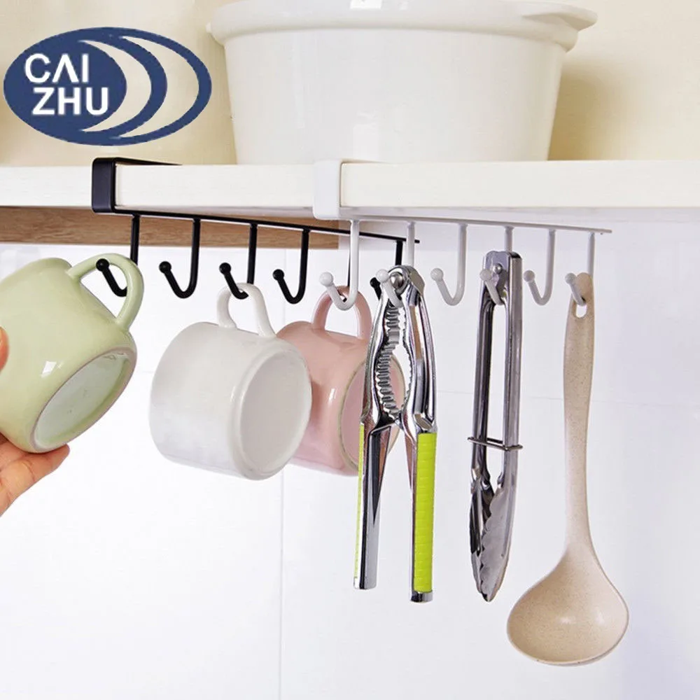 Multifunction Kitchen Utensil Hanging Rack Under Shelf Cup Holder 6 Hooks Cup Holder
