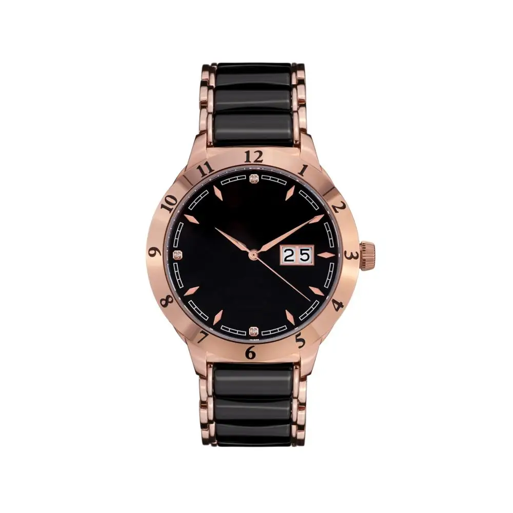 
S-10342 rose gold plated stainless steel custom watch dial printing inlay diamond sapphire ceramic watch 